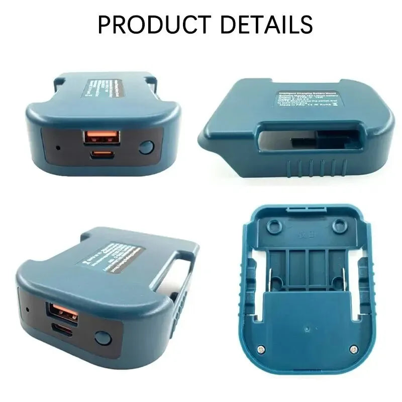Blue portable USB and Type-C adapter for Makita 18V tools shown in multiple views