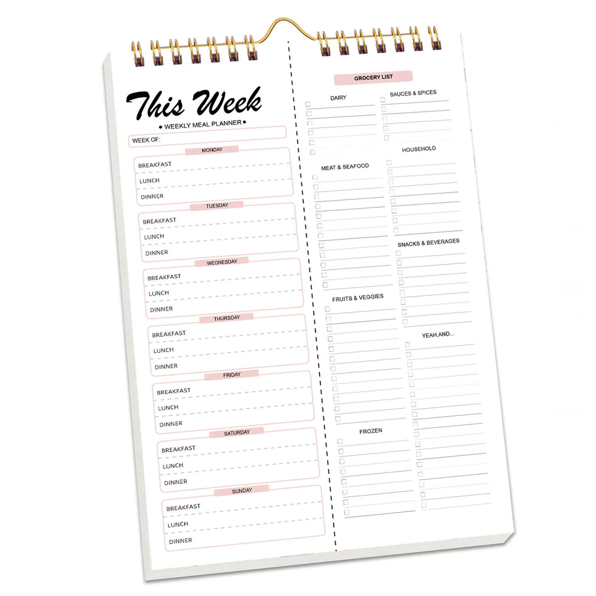 A weekly meal planner and grocery list pad with sections for meals, snacks, and beverages.