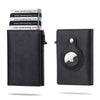 A black slim leather wallet with a card pop-up feature shown next to several website links.