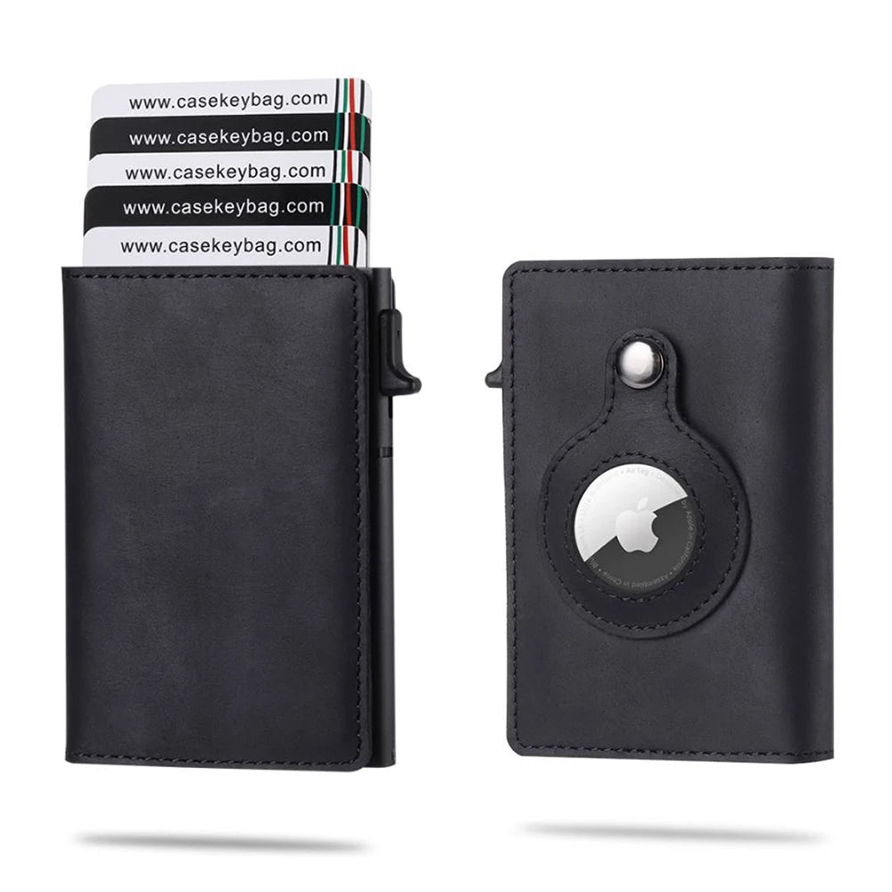 A black slim leather wallet with a card pop-up feature shown next to several website links.