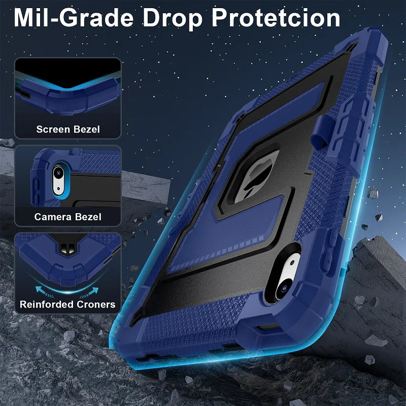 A blue protective case for an iPad showing reinforced corners, screen bezel, and camera bezel protection.