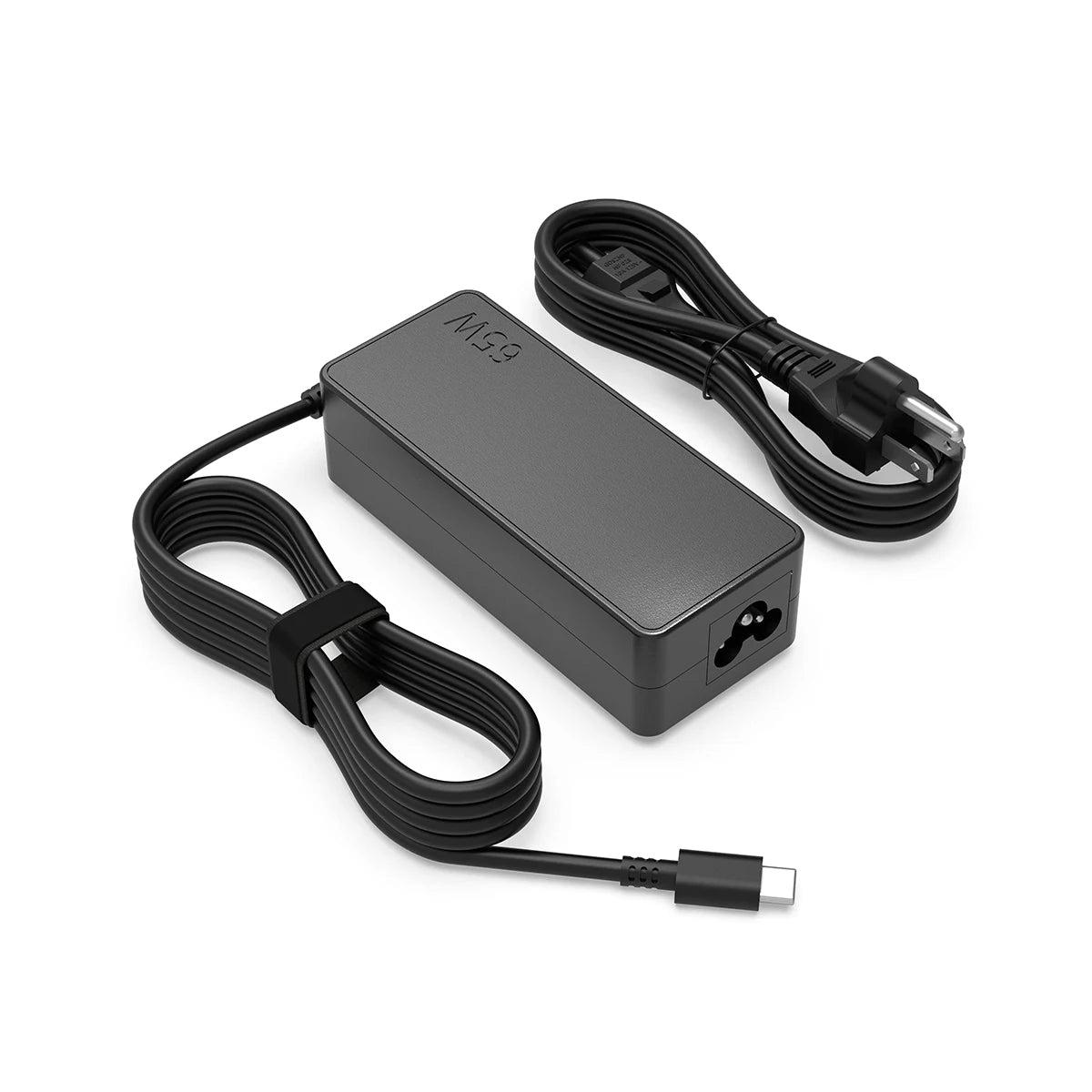 A black 65W USB-C laptop charger adapter with a coiled cable is shown on a white background.