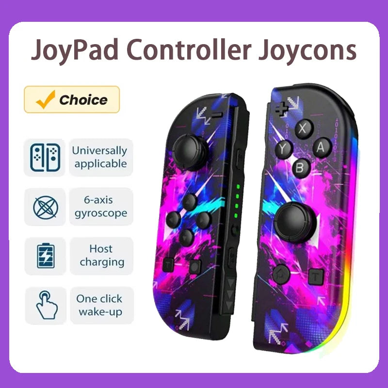 A pair of black Joy-Con style controllers with purple and blue RGB lighting are shown for a Nintendo Switch