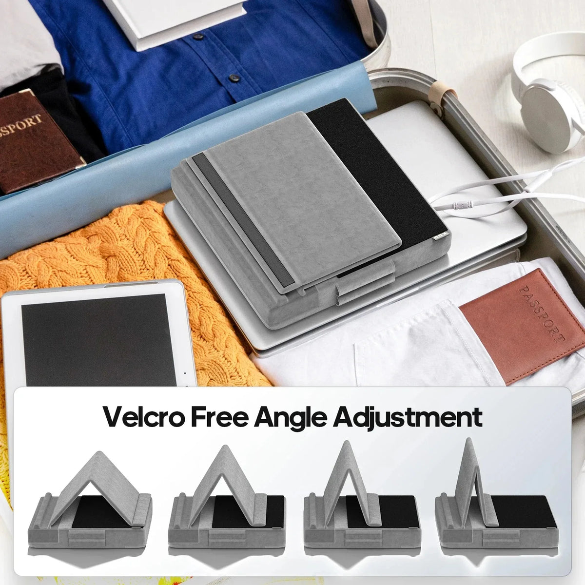 Foldable tablet pillow stand with velcro-free angle adjustment shown in multiple viewing angles