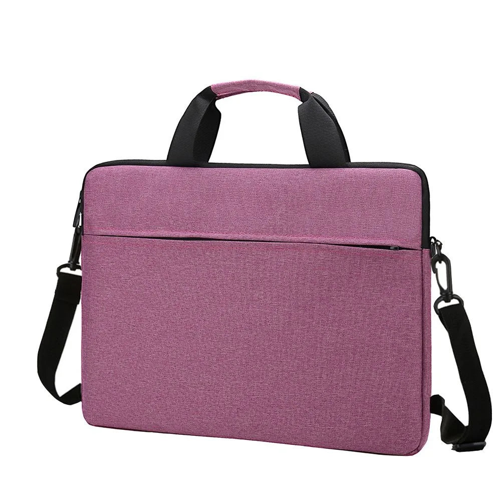 A mauve laptop sleeve bag with black carrying straps and a soft velvet lining.