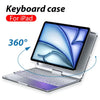 A silver keyboard case designed for an iPad, shown open to display the device's interior.