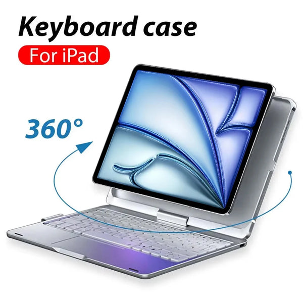 A silver keyboard case designed for an iPad, shown open to display the device's interior.