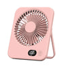 A pink portable folding USB fan with a circular grille and power indicator light.