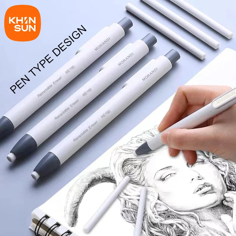 A set of Morandi pen type design retractable pencil erasers shown next to a pencil drawing of a woman's face.