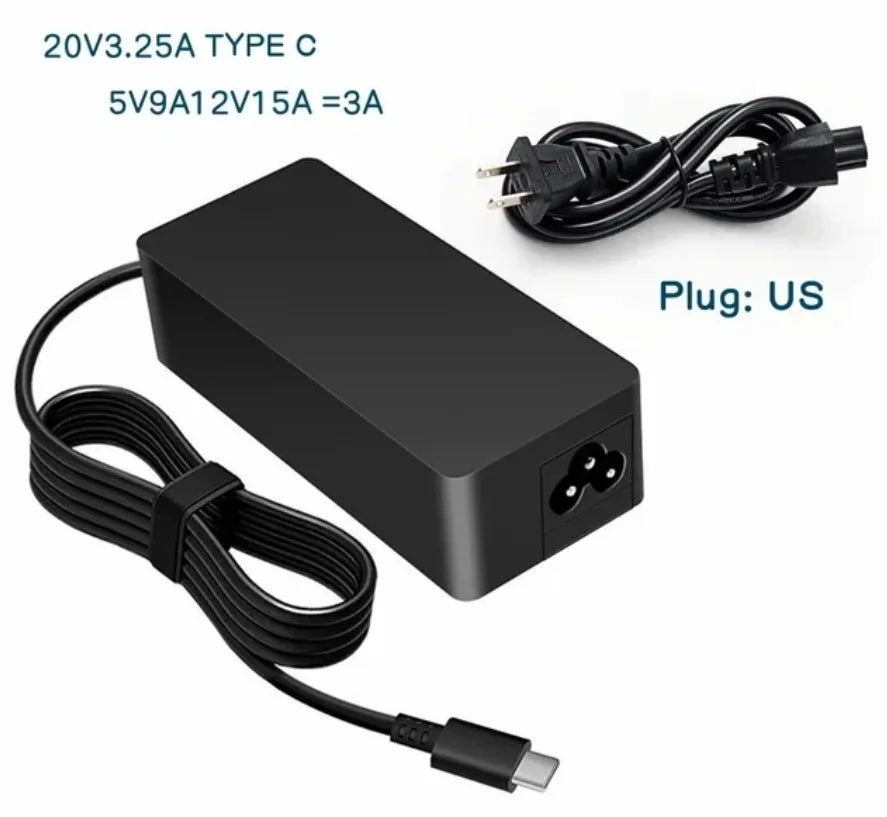 Black USB-C laptop charger with a cable and plug for Lenovo ThinkPad series