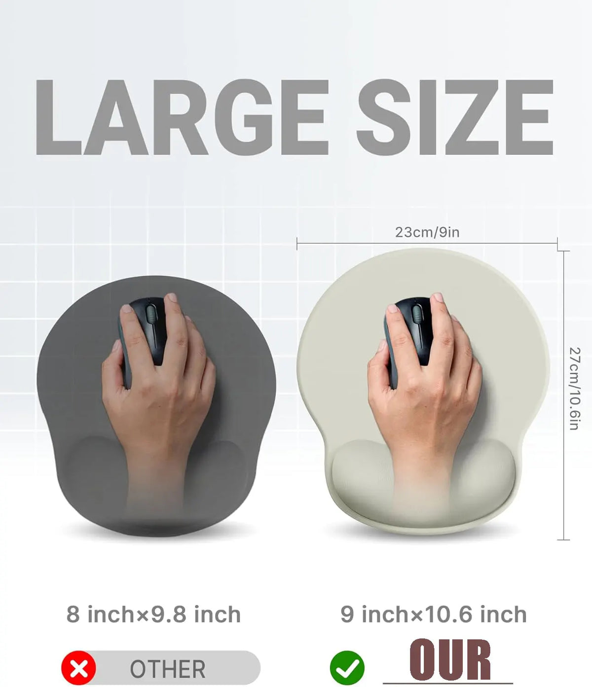 Comparison of large and standard size ergonomic wrist support mouse pads showing dimensions