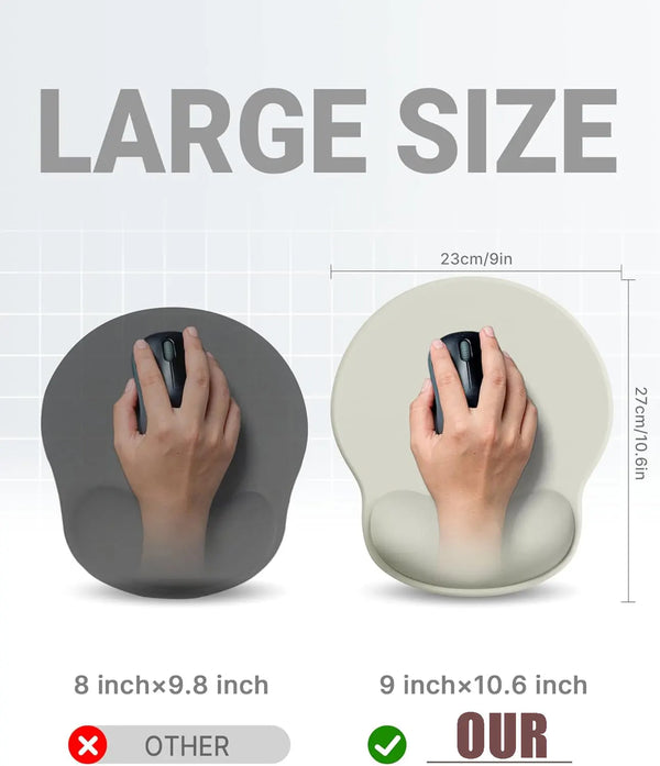 Comparison of large and standard size ergonomic wrist support mouse pads showing dimensions