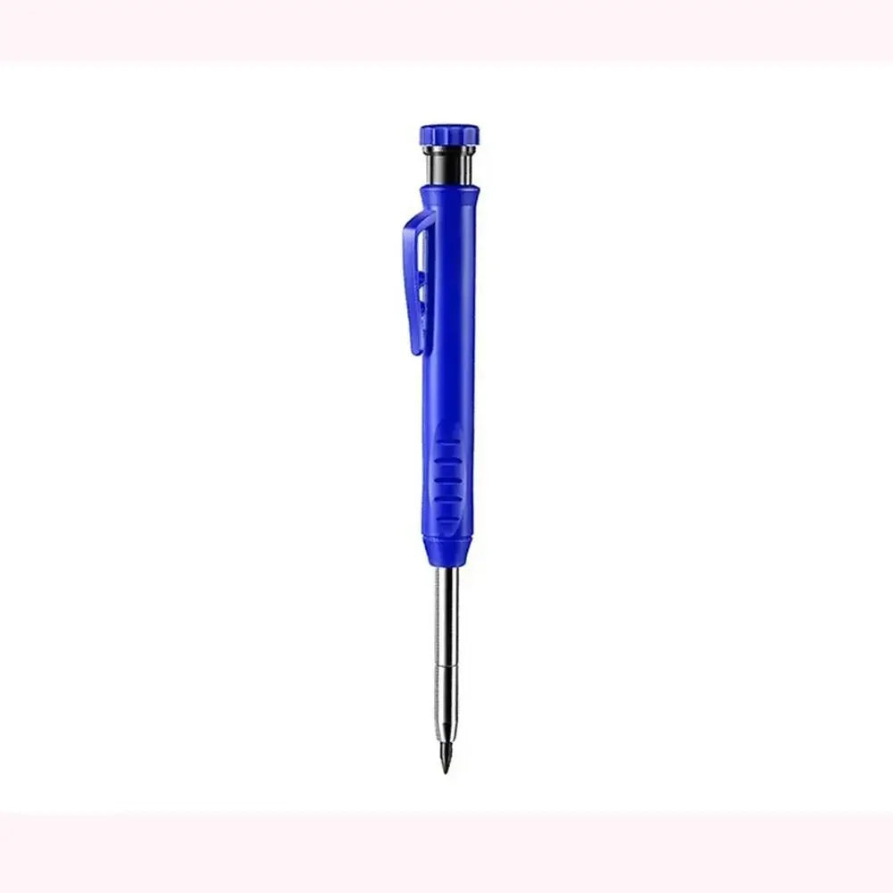A blue precision mechanical pencil with a built-in sharpener for deep hole marking.