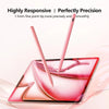 A pink precision stylus pen is shown touching a tablet screen, demonstrating high responsiveness and precision.
