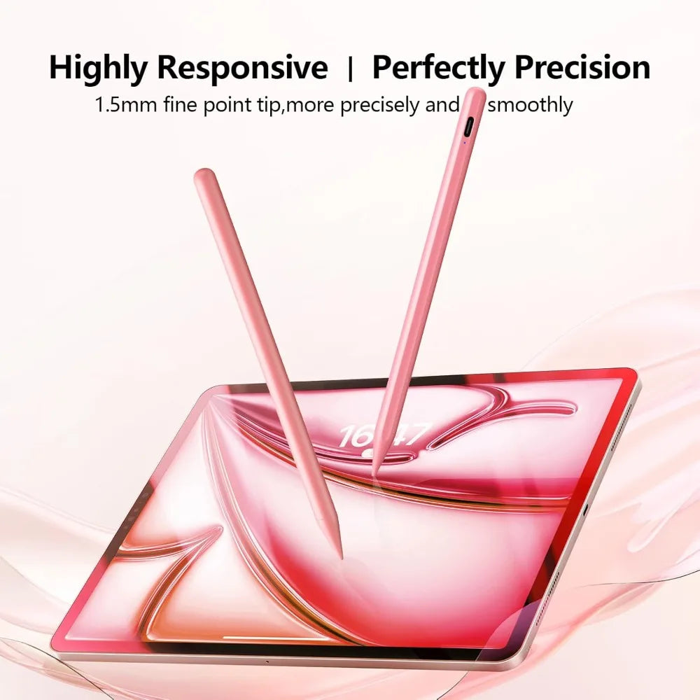 A pink precision stylus pen is shown touching a tablet screen, demonstrating high responsiveness and precision.