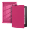 A pink silicone protective cover for a 6 inch Kindle e-reader displayed next to its clear case.