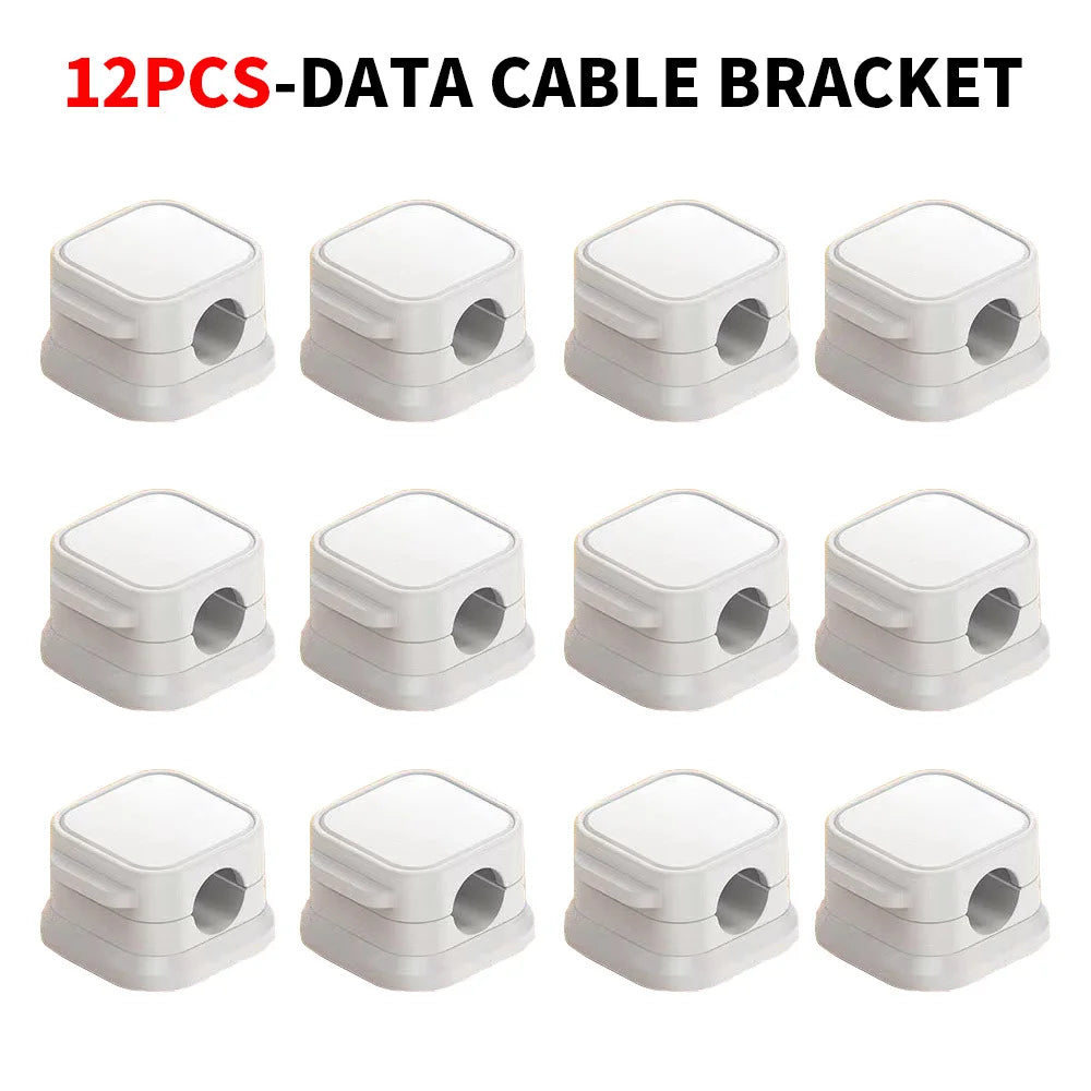 A set of twelve white plastic data cable brackets or clips for organizing wires.