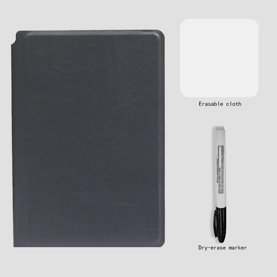 A set of a dark gray reusable whiteboard notebook with an erasable cloth and a dry-erase marker.