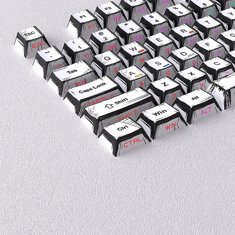 A close-up view of a set of black PBT keycaps with translucent lettering and various function keys like ESC, Tab, Shift, and 