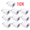 Ten white dual port 5V/2.1A wall chargers arranged in a grid.