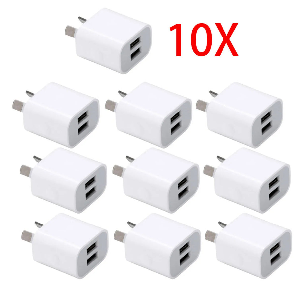 Ten white dual port 5V/2.1A wall chargers arranged in a grid.