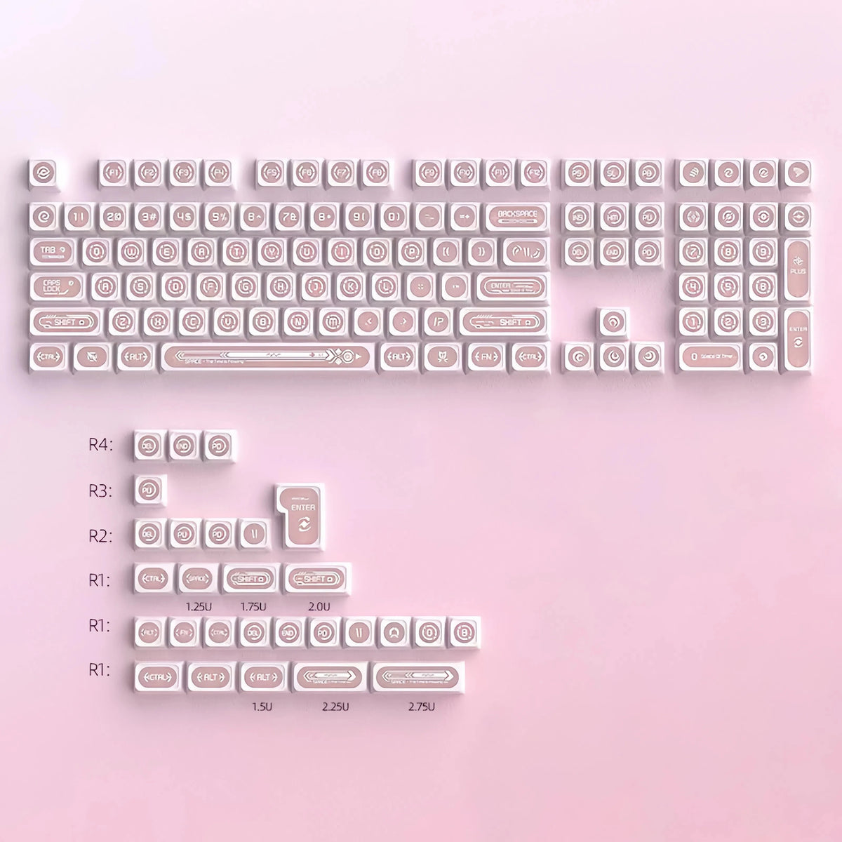 A set of translucent keycaps featuring a cat eye stone theme, including a full keyboard layout and individual keys.