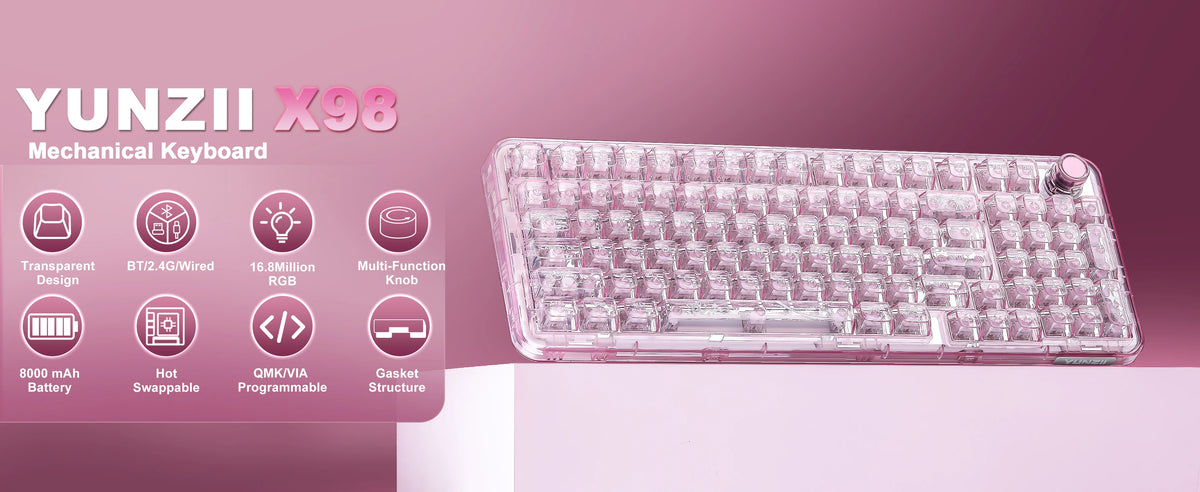A transparent wireless mechanical keyboard featuring an RGB light and a multi-function knob.
