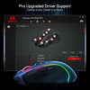A black gaming mouse is shown with illuminated buttons and a software interface displaying driver support options.