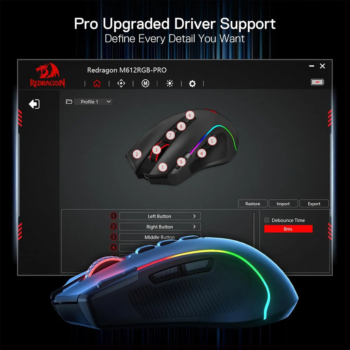 A black gaming mouse is shown with illuminated buttons and a software interface displaying driver support options.
