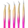 Precision eyelash extension tweezers with a gradient finish in pink and gold.
