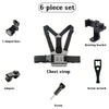 A 6-piece set of adjustable head and chest mounts for action cameras and phones, including brackets, straps, and screws.
