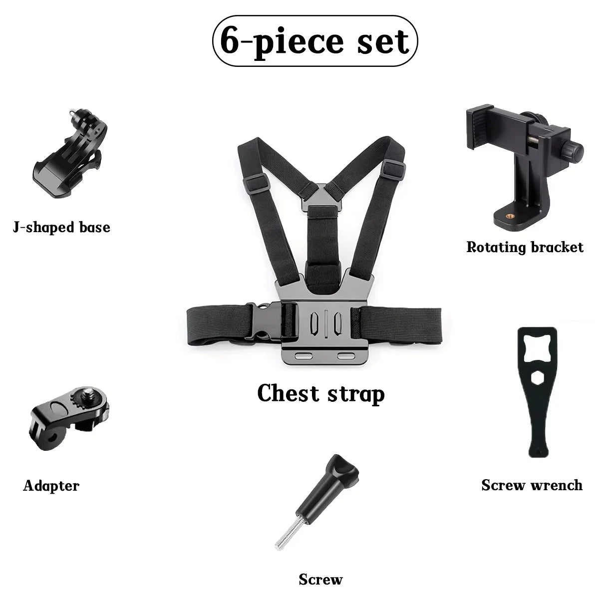 A 6-piece set of adjustable head and chest mounts for action cameras and phones, including brackets, straps, and screws.