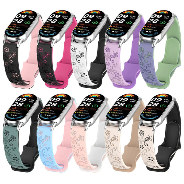 A collection of 10 silicone watch bands with various colors and floral engravings for Xiaomi smart bands.