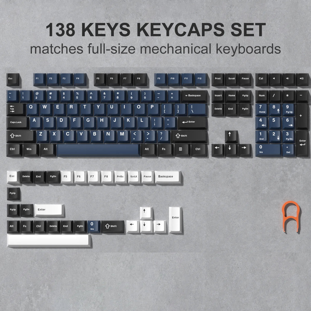 A set of 138 keys keycaps for full-size mechanical keyboards displayed on a gray background.