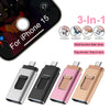 A set of four multi-function flash drives in silver, black, pink, and gold colors for various devices.