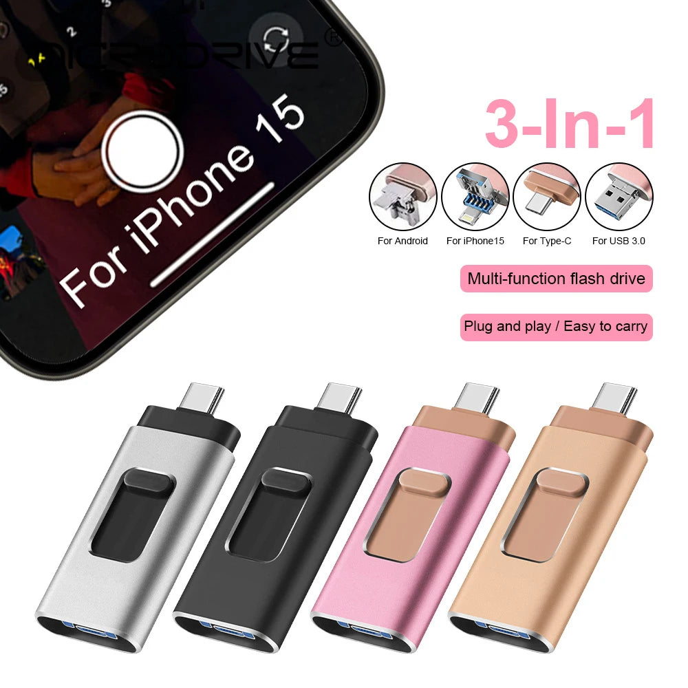 A set of four multi-function flash drives in silver, black, pink, and gold colors for various devices.