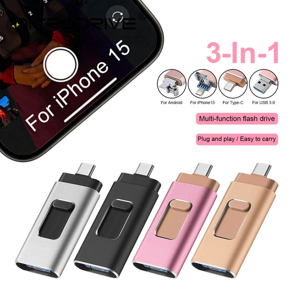 A set of four multi-function flash drives in silver, black, pink, and gold colors for various devices.