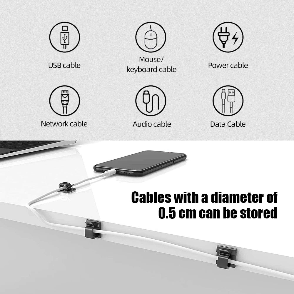 A set of various cables including USB, power, network, audio, and data cables are displayed on a desk surface.