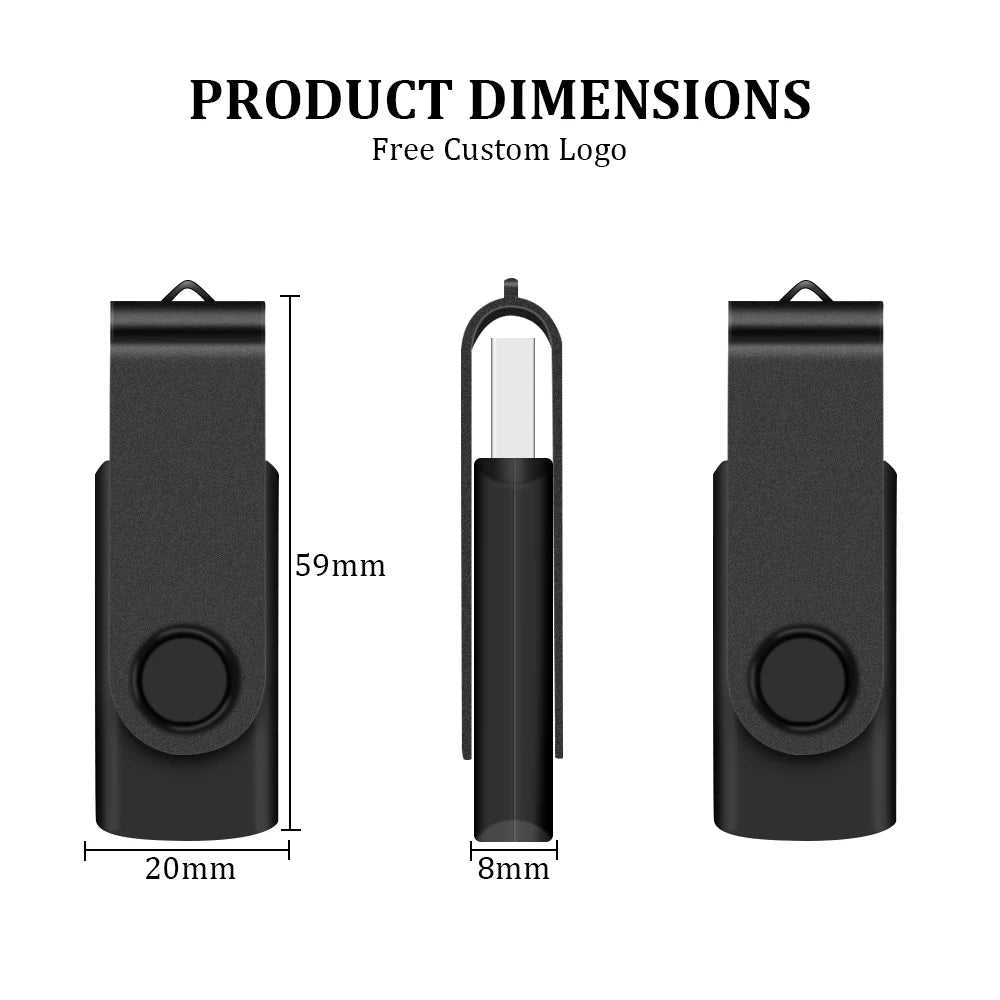 Black rotatable USB flash drive with a metal connector shown in three dimensions.