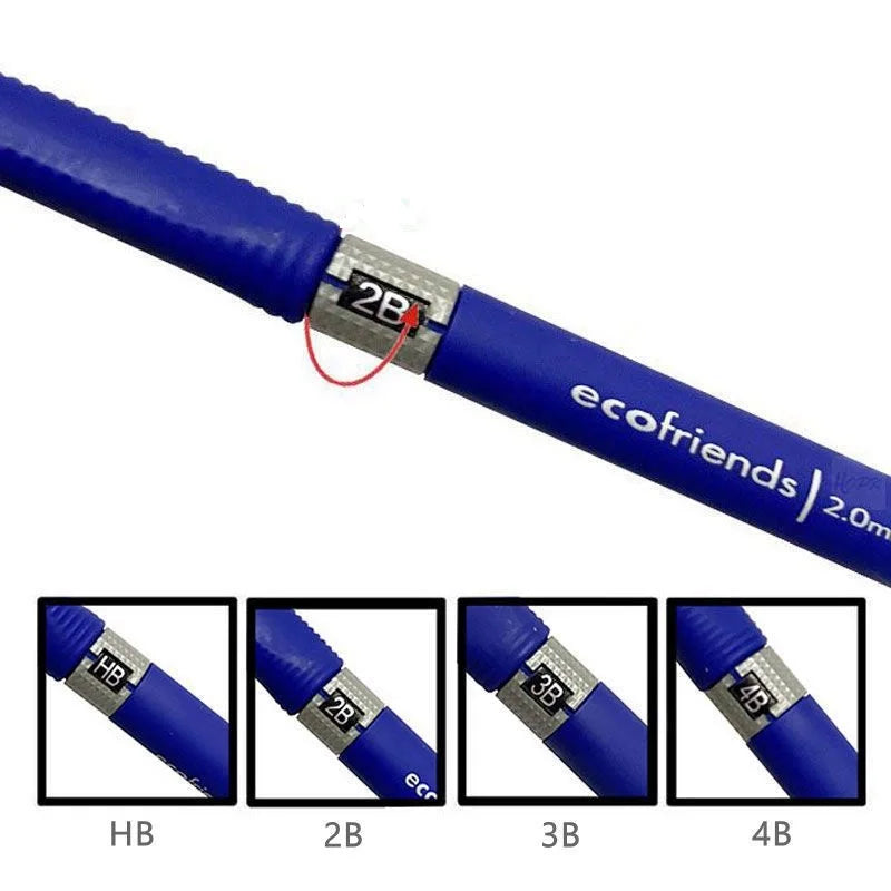 A set of precision mechanical pencils showing different lead sizes HB, 2B, 3B, and 4B on a blue barrel.