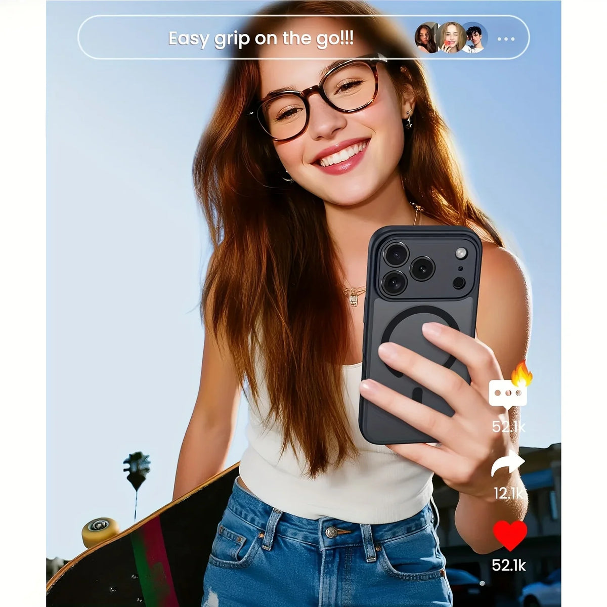 A woman is holding a dark phone case with a magnetic lens protector on an iPhone, demonstrating an easy grip.