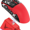 A red high-performance wireless gaming mouse with black and white graphic accents and a matching red charging pad.