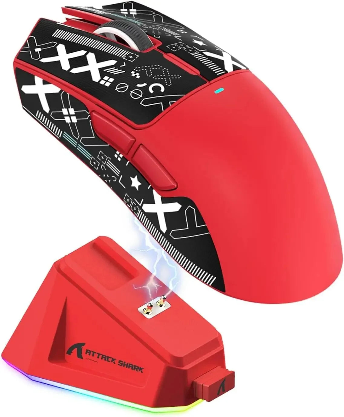 A red high-performance wireless gaming mouse with black and white graphic accents and a matching red charging pad.