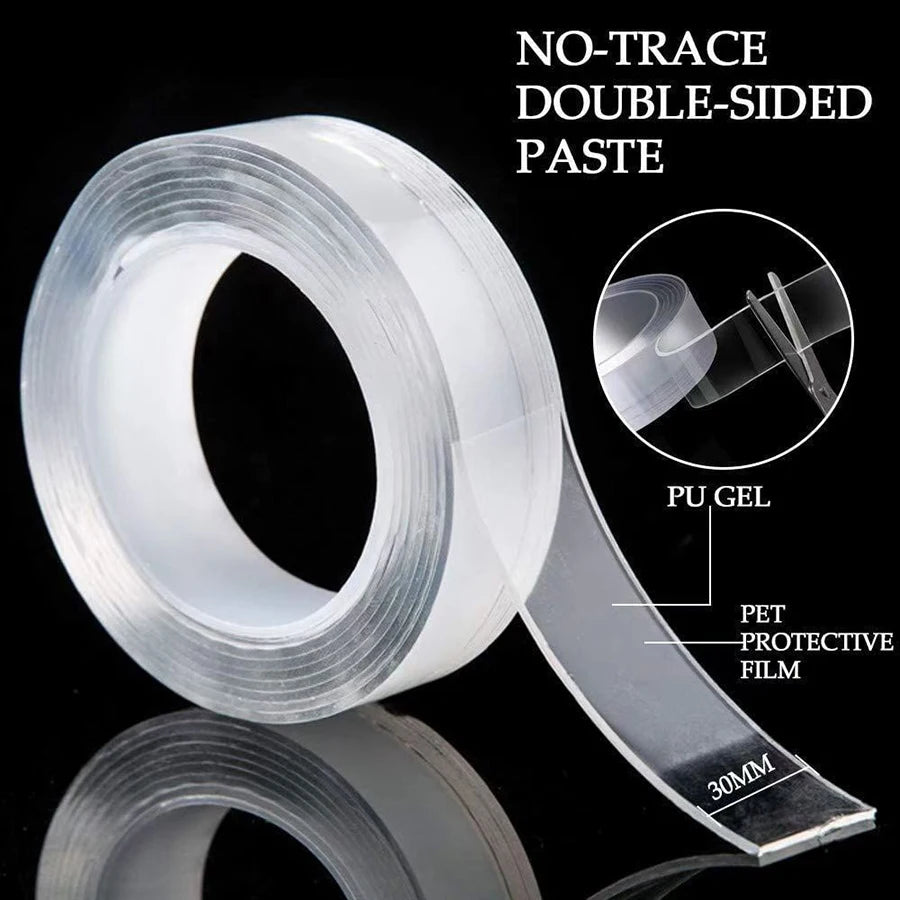 Roll of no-trace double-sided paste tape showing a clear film and a protective film section.