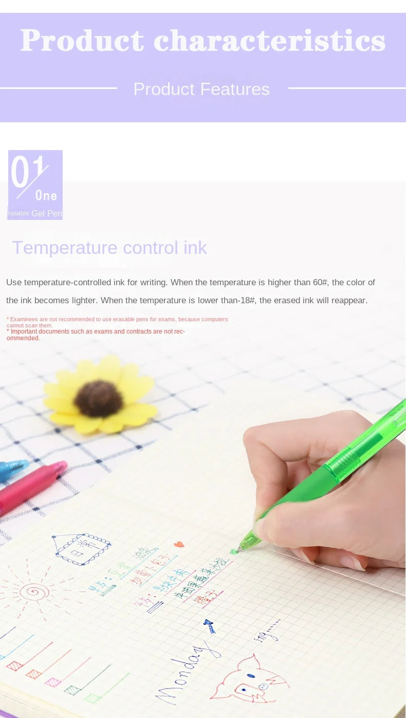 A hand is writing on a piece of graph paper with a green retractable pen, demonstrating temperature-controlled ink features.