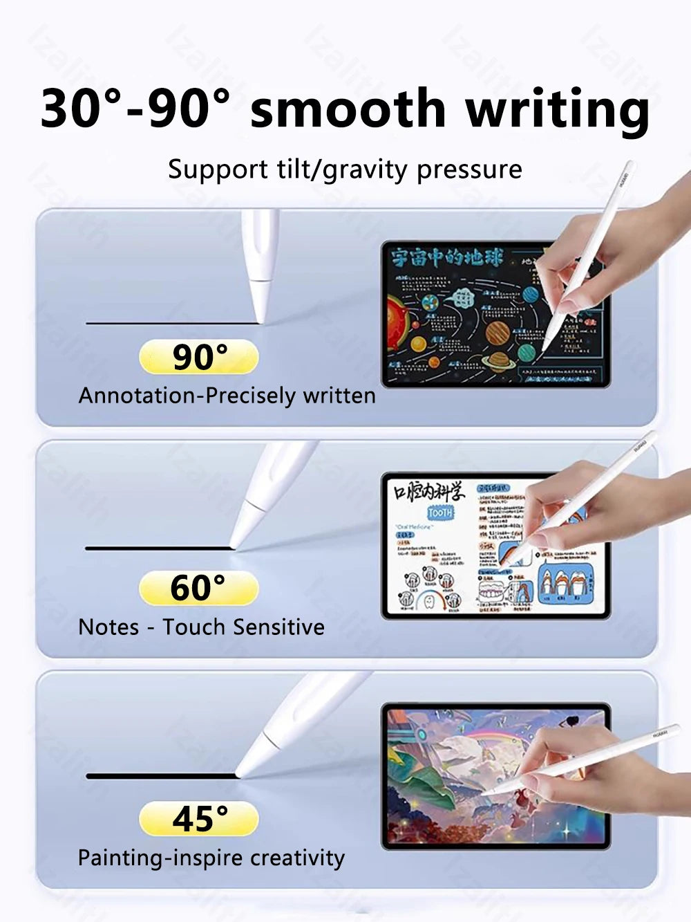 Una punta de lápiz digital demostrando soporte para escritura suave de 30 a 90 grados en diversas superficies.