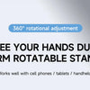 A free your hands dual arm rotatable stand for cell phones, tablets, and handheld devices.