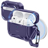 A purple magnetic case holding a pair of white AirPods Pro earbuds.