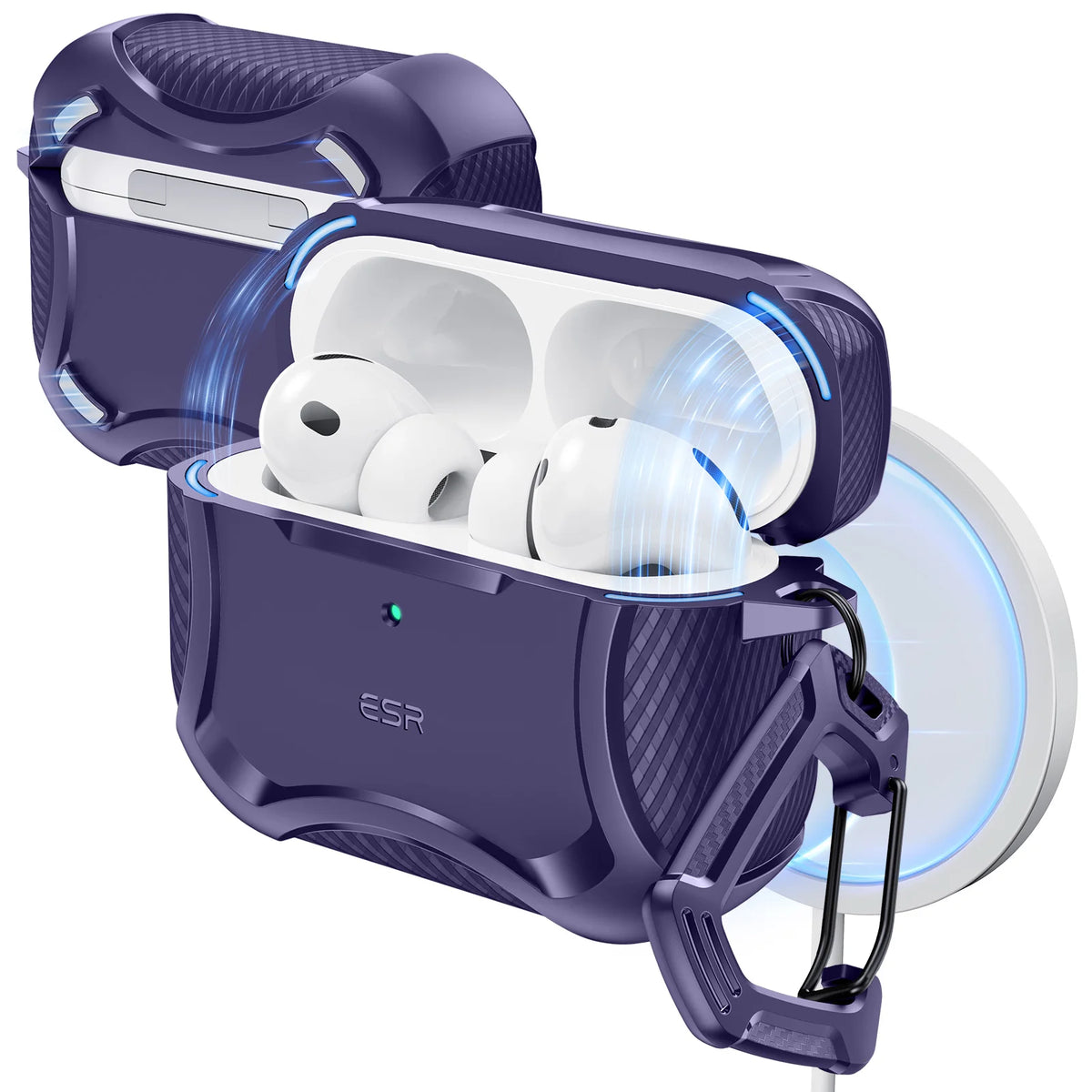 A purple magnetic case holding a pair of white AirPods Pro earbuds.