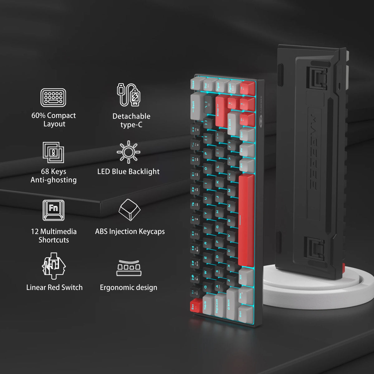 لوحة مفاتيح ميكانيكية محمولة بتصميم مدمج، مزودة بإضاءة خلفية LED وكابل USB-C قابل للفصل.